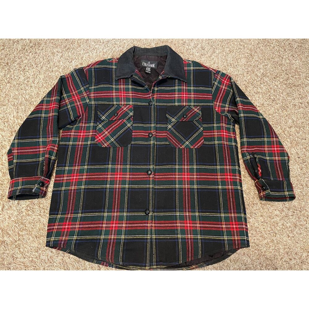JL Colebrook Women's L Wool Blend Plaid Shirt Jacket Made USA Black Red Green